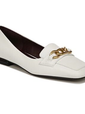 Franco Sarto White Leather Loafer with Gold Chain Accent.  Size 7.5